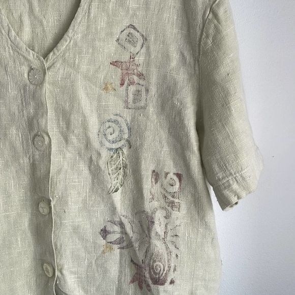 Vintage Lucy & Ezzy V neck linen boho cottagecore lagenlook paint stamped top - Picture 4 of 7